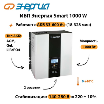 ИБП Энергия Smart 1000W - ИБП и АКБ - Энергия ИБП Smart - . Магазин оборудования для автономного и резервного электропитания Ekosolar.ru в Ноябрьске