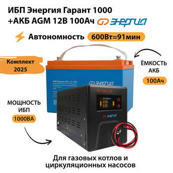 ИБП для котла Энергия Гарант 1000 + Аккумулятор 100 Ач 12 В (600Вт - 91мин) - ИБП и АКБ - ИБП для котлов - . Магазин оборудования для автономного и резервного электропитания Ekosolar.ru в Ноябрьске