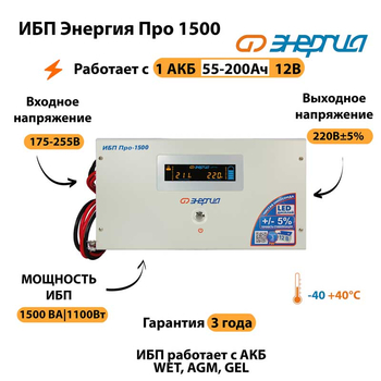 Энергия ИБП Про 1500 12В - ИБП и АКБ - ИБП для котлов - . Магазин оборудования для автономного и резервного электропитания Ekosolar.ru в Ноябрьске