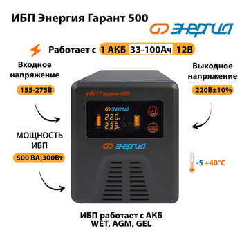 Энергия ИБП Гарант 500 12В - ИБП и АКБ - ИБП для котлов - . Магазин оборудования для автономного и резервного электропитания Ekosolar.ru в Ноябрьске