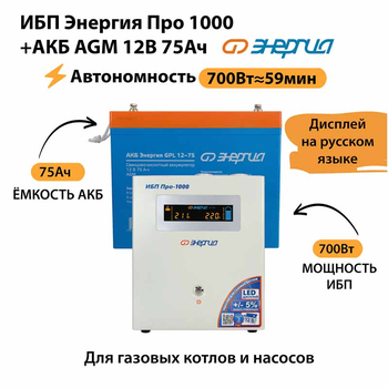 ИБП для котла Энергия Про 1000 + Аккумулятор 75 Ач 12 В (700Вт - 59мин) - ИБП и АКБ - ИБП для котлов - . Магазин оборудования для автономного и резервного электропитания Ekosolar.ru в Ноябрьске