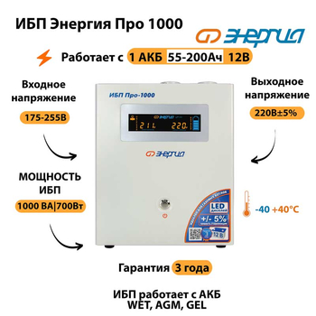 Энергия ИБП Про 1000 12В - ИБП и АКБ - ИБП для котлов - . Магазин оборудования для автономного и резервного электропитания Ekosolar.ru в Ноябрьске