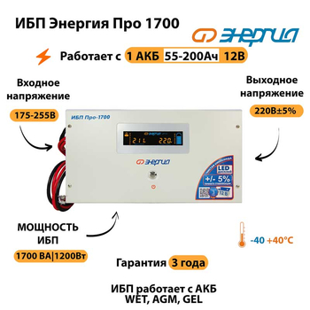 Энергия ИБП Про 1700 12В - ИБП и АКБ - ИБП для котлов - . Магазин оборудования для автономного и резервного электропитания Ekosolar.ru в Ноябрьске