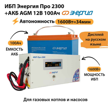ИБП для котла Энергия Про 2300 + Аккумулятор 100 Ач 12 В (1600Вт - 34мин) - ИБП и АКБ - ИБП для котлов - . Магазин оборудования для автономного и резервного электропитания Ekosolar.ru в Ноябрьске