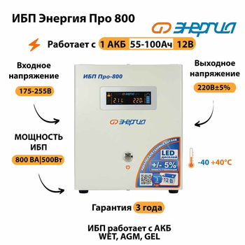 Энергия ИБП Про 800 12В - ИБП и АКБ - ИБП для котлов - . Магазин оборудования для автономного и резервного электропитания Ekosolar.ru в Ноябрьске