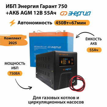 ИБП для котла Энергия Гарант 750 + Аккумулятор 55 Ач 12 В (450Вт - 67мин) - ИБП и АКБ - ИБП для котлов - . Магазин оборудования для автономного и резервного электропитания Ekosolar.ru в Ноябрьске