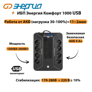 ИБП Комфорт 1000 USB Энергия - ИБП и АКБ - ИБП для компьютера - . Магазин оборудования для автономного и резервного электропитания Ekosolar.ru в Ноябрьске