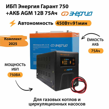 ИБП для котла Энергия Гарант 750 + Аккумулятор 75 Ач 12 В (450Вт - 91мин) - ИБП и АКБ - ИБП для котлов - . Магазин оборудования для автономного и резервного электропитания Ekosolar.ru в Ноябрьске