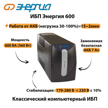 Энергия ИБП 600 - ИБП и АКБ - ИБП для компьютера - . Магазин оборудования для автономного и резервного электропитания Ekosolar.ru в Ноябрьске