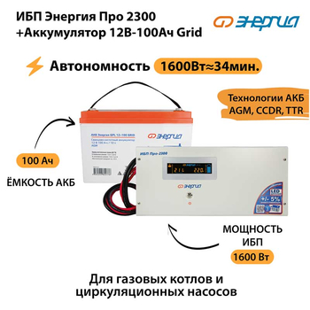 ИБП для котла Энергия Про 2300 + Аккумулятор Grid 100 Ah 12 v (1600Вт - 34мин) - ИБП и АКБ - ИБП для котлов - . Магазин оборудования для автономного и резервного электропитания Ekosolar.ru в Ноябрьске